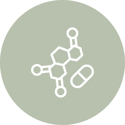 A line drawing of a chemical structure with a capsule pill icon beside it, set against a light green circular background.