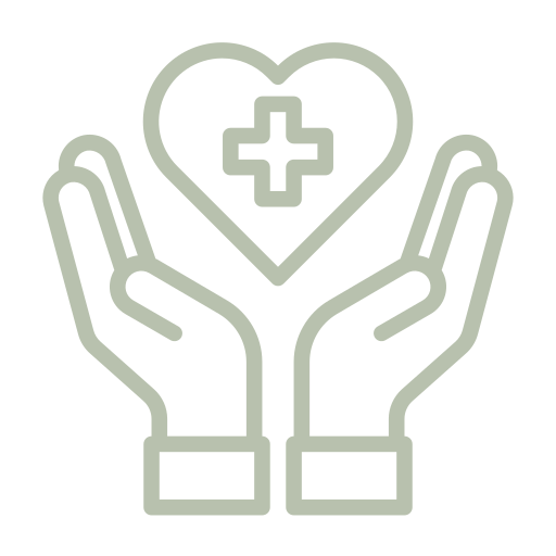 Outline of two hands holding a heart with a medical cross inside the heart.