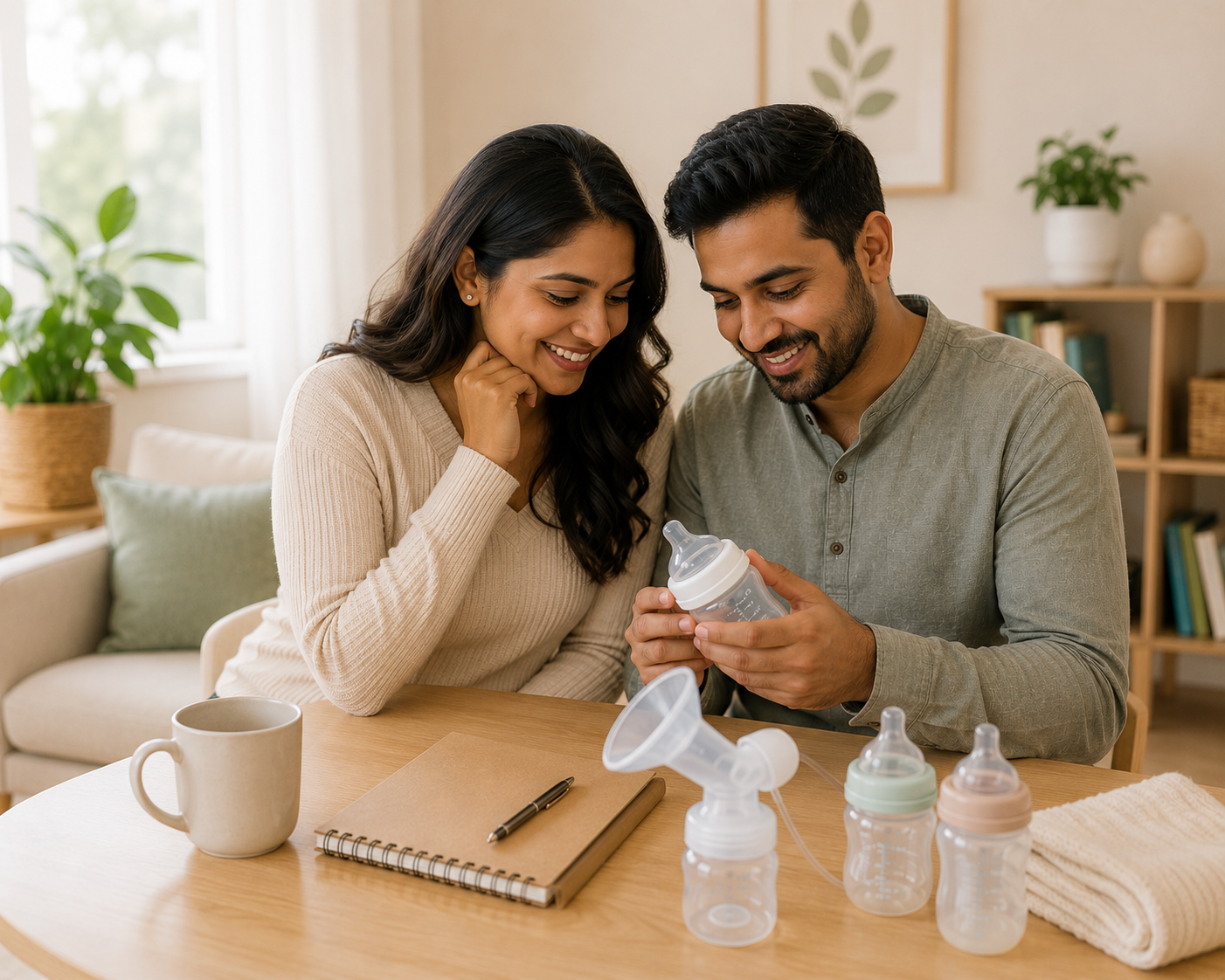 A couple sitting at a dining table, smiling and looking at a baby bottle. The table has a notebook, a pen, a mug, and baby bottles. The background has a bookshelf and plants.
