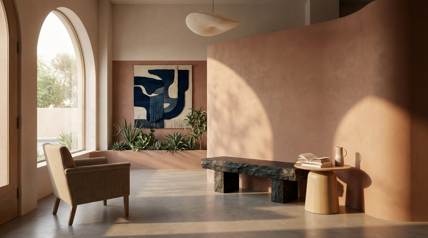 A modern interior room with a tan armchair, large arched window, wall art, a rustic stone bench, and a small wooden side table with books and a pitcher, bathed in natural sunlight.