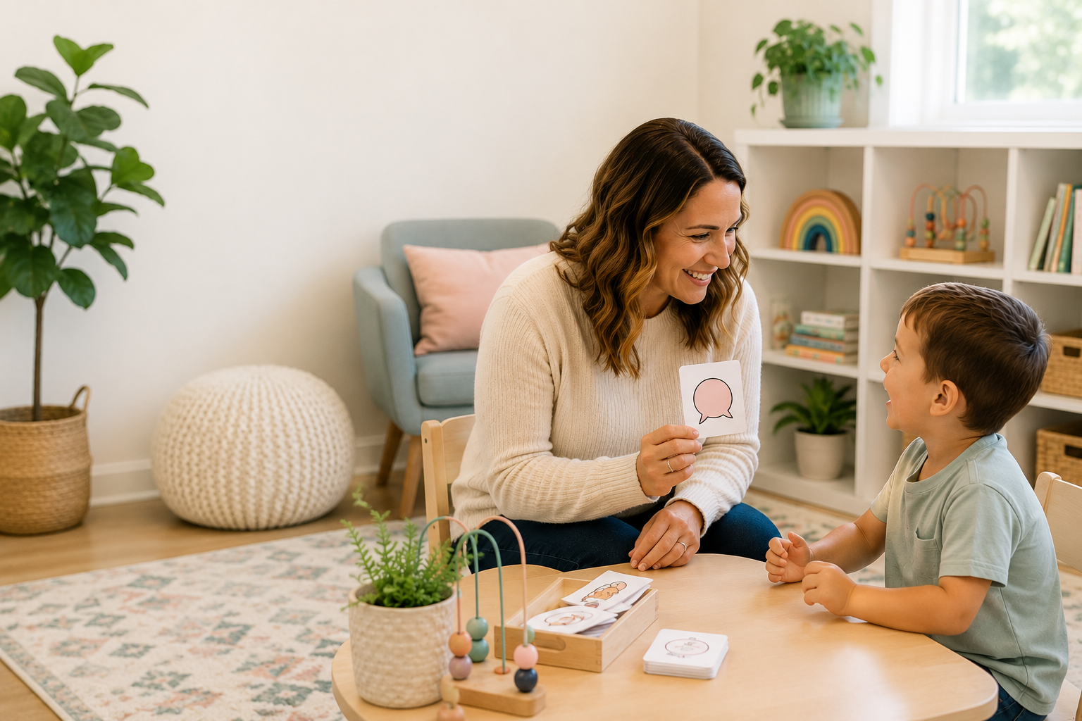 A woman and a young boy sitting at a table playing with picture cards in a cozy, well-lit room. The woman is holding a card with a speech bubble and smiling, while the boy is laughing. There are decorative items and books on shelves in the background.