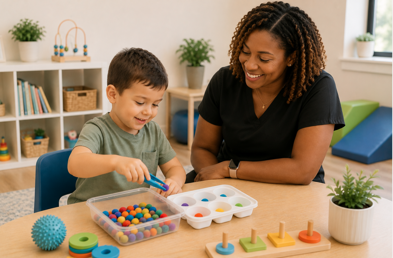 A young boy and a woman in a therapy or learning setting with colorful educational toys on a wooden table, smiling and engaging in activities.