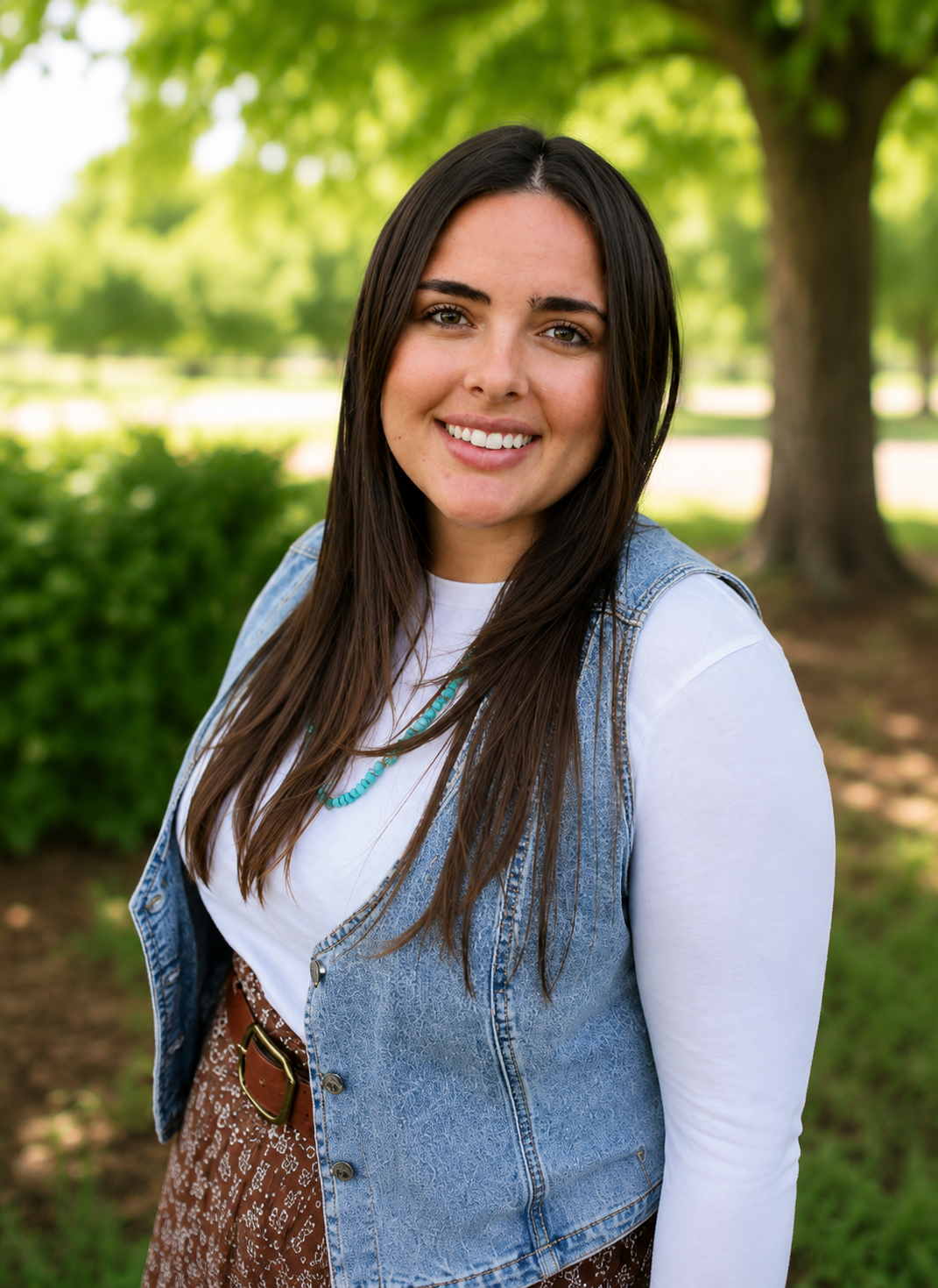 Young woman with long dark hair smiling outdoors on a sunny day, wearing a white shirt, denim vest, patterned brown skirt, and turquoise jewelry, with green trees in the background.