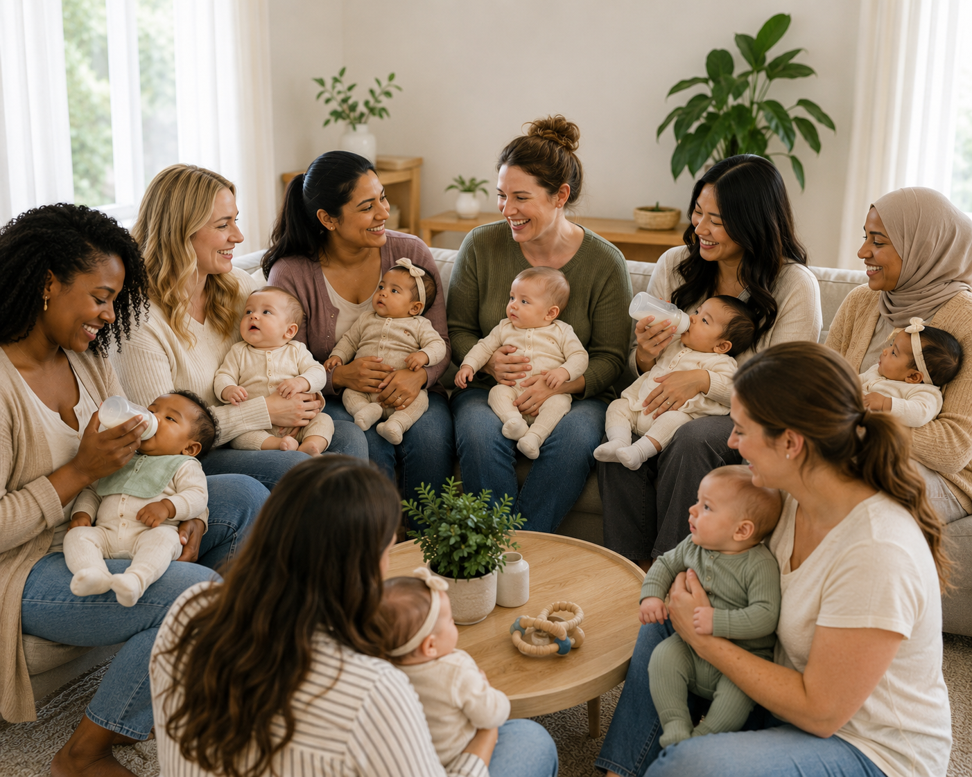 A group of women and babies gathered in a living room, smiling and socializing, with some feeding the babies.