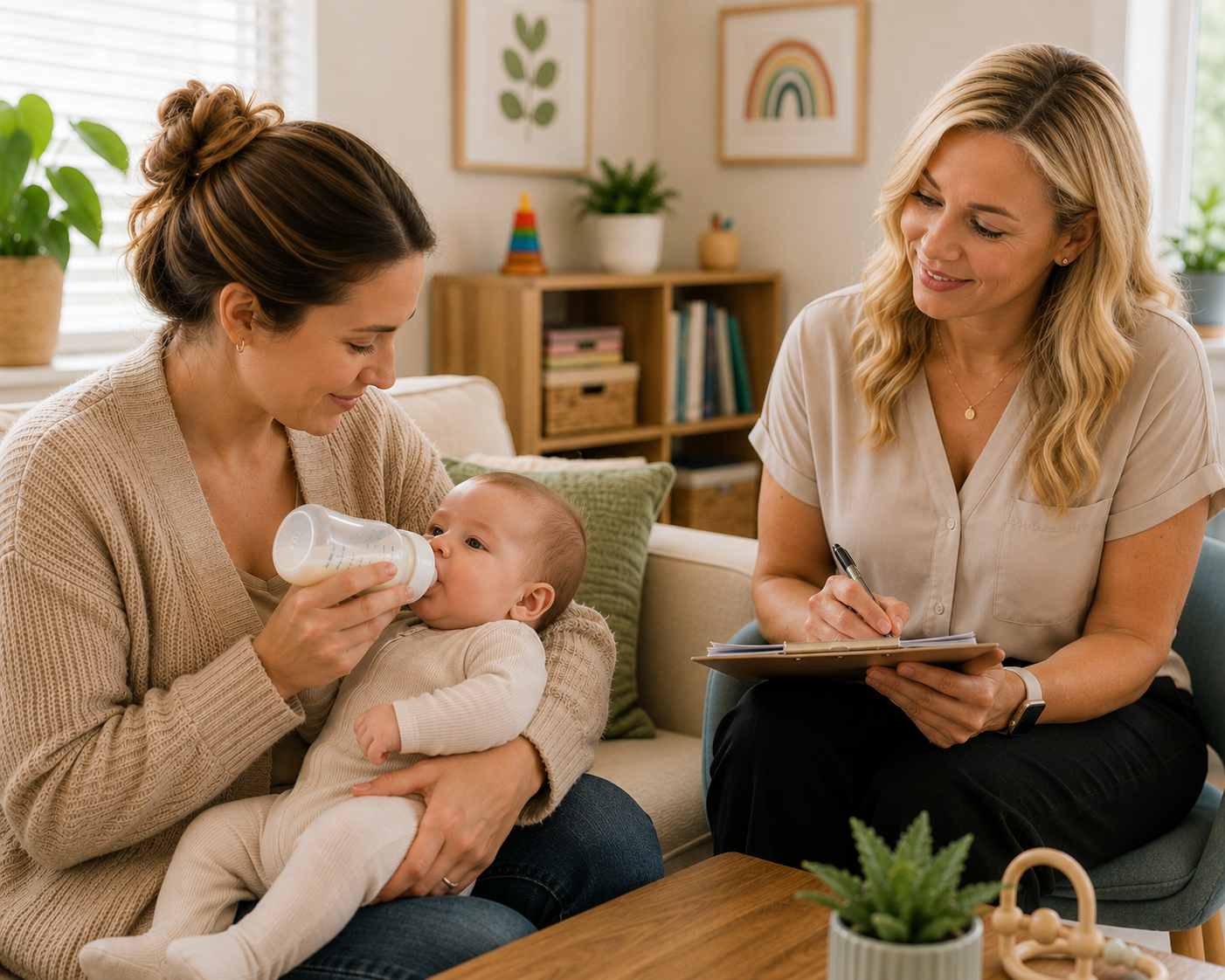 A woman feeds a baby with a bottle while another woman takes notes in a notebook, in a cozy living room with plants and colorful framed art.