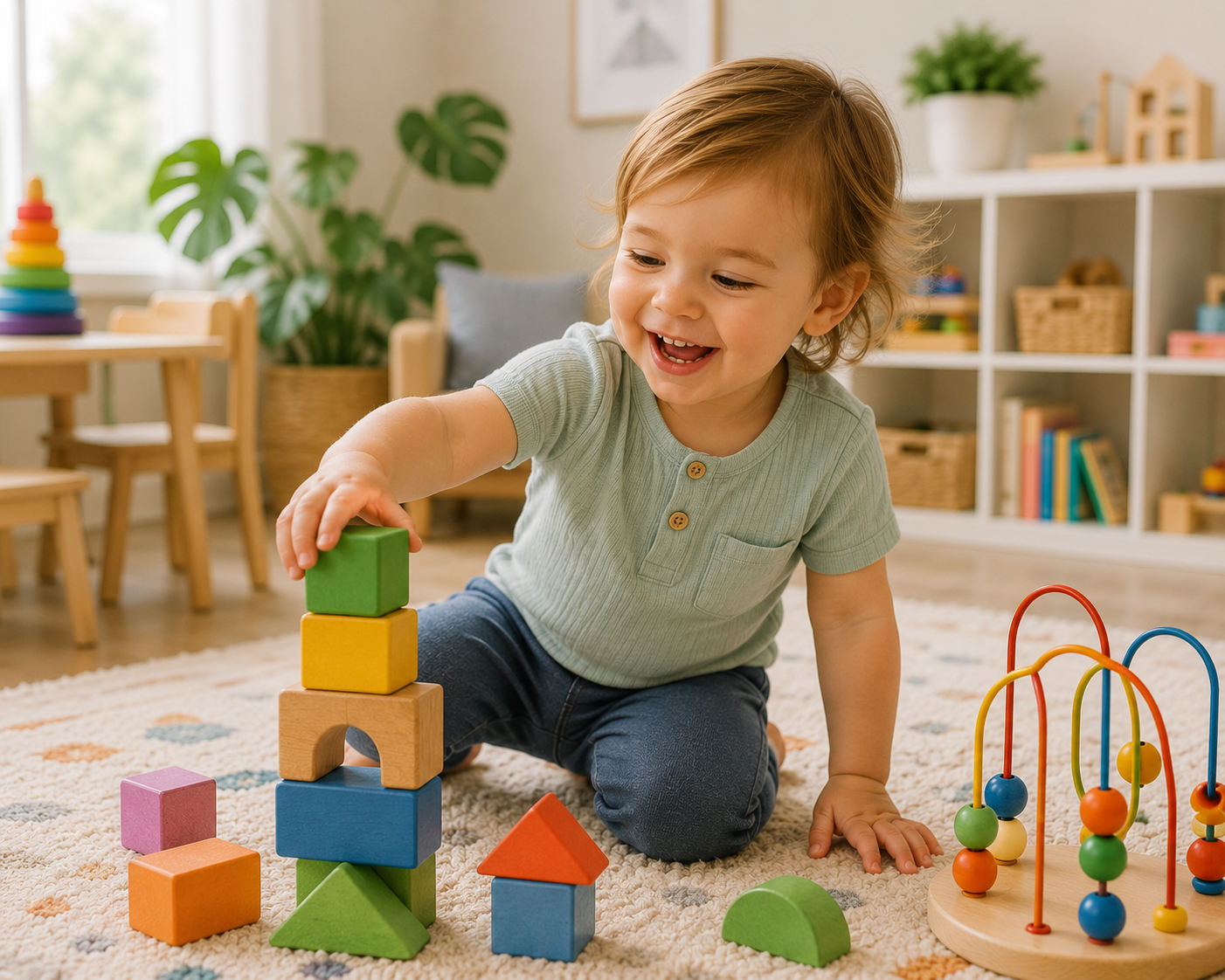 A young child with light brown hair, wearing a light green shirt, playing with colorful wooden building blocks on a carpeted floor in a bright room with a white bookshelf and large plant.