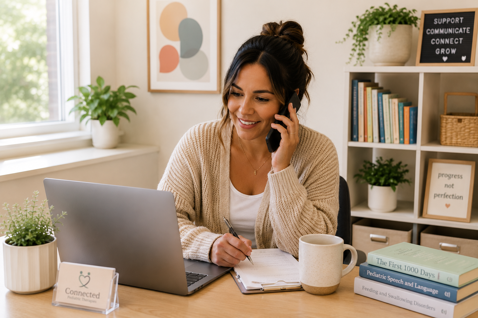 A woman with brown hair in a bun, wearing a beige cardigan, talking on a landline phone while writing in a notebook at her desk. The desk has a silver laptop, a coffee mug, and several stacked books. Behind her, a bookshelf with plants, books, and decorative items is visible, along with framed artwork and a small sign that reads 'Connected Patient Therapies'.