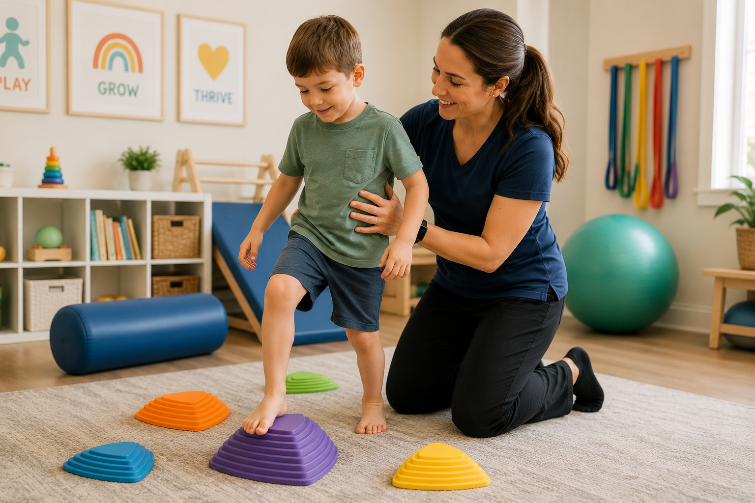 A woman assisting a young boy with a balancing exercise using colorful agility steps in a therapy or activity room.