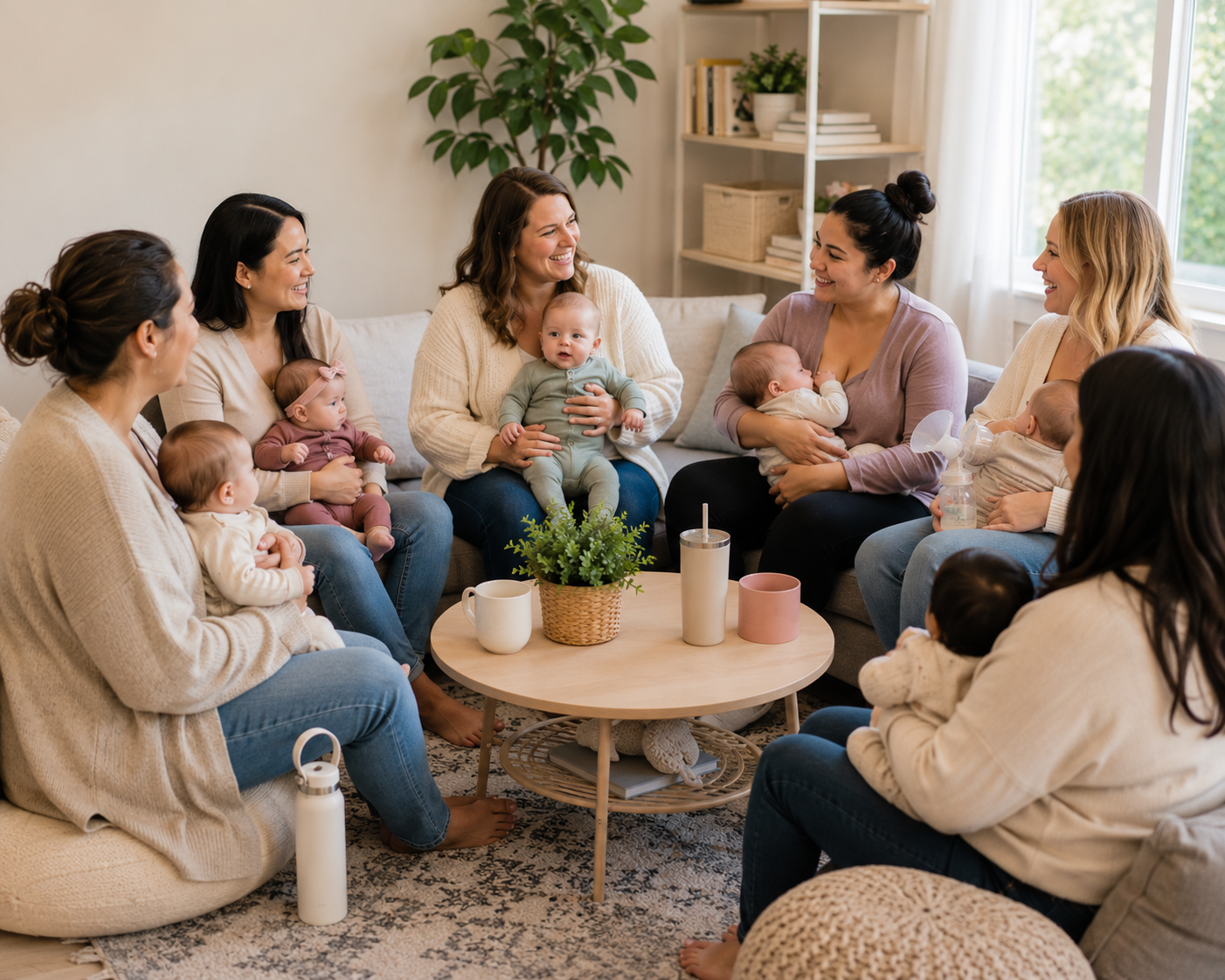 Group of women sitting on a couch in a cozy living room, holding and caring for babies, with a round coffee table, plants, and books in the background, all engaging in conversation and smiling.
