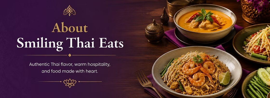 A restaurant menu featuring Thai dishes, including curry and shrimp fried rice, with decorative bowls and fresh vegetables on a wooden table.