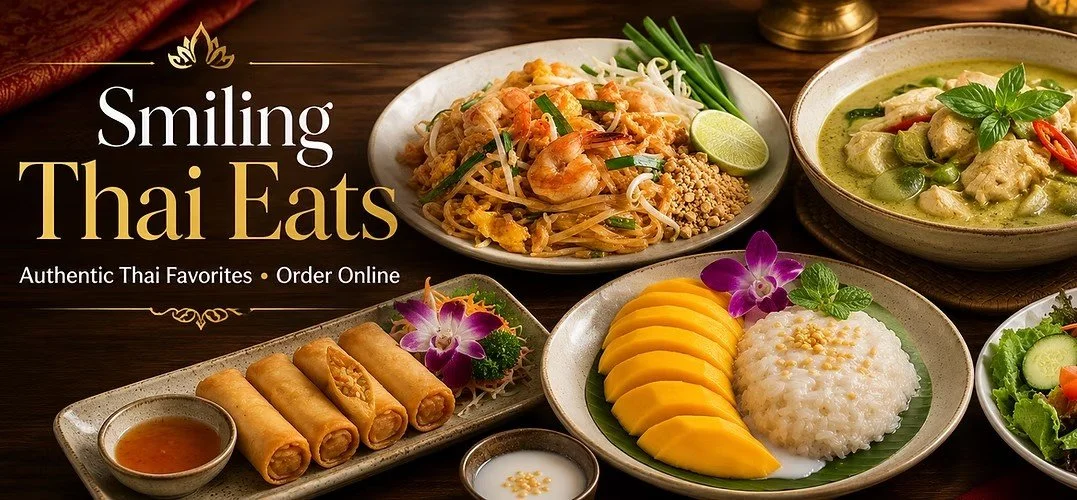 Assorted Thai dishes on plates, including spring rolls with dipping sauce, green curry with chicken and vegetables, mango sticky rice, pad thai with shrimp, and a side salad, set on a wooden table.