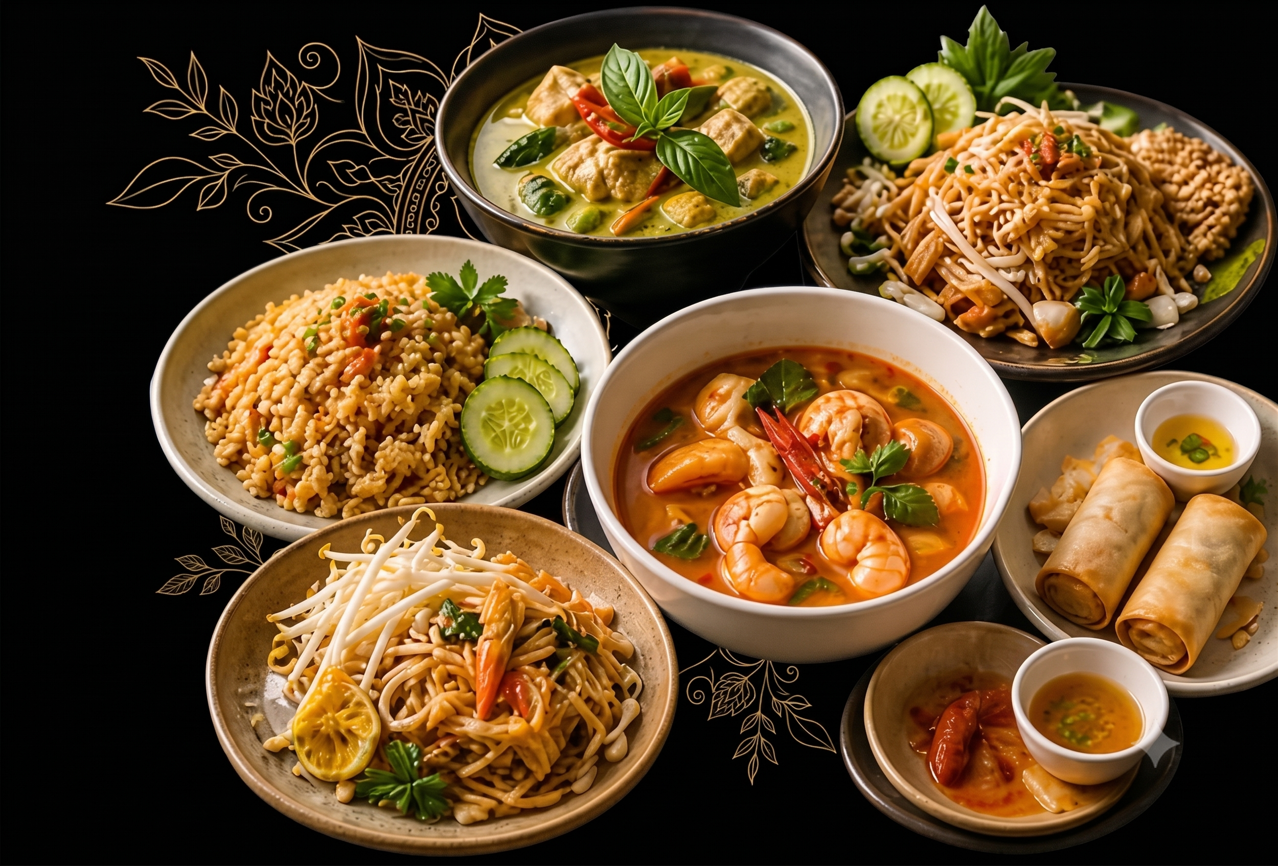 Assorted Asian dishes including fried rice, noodles, curry, spring rolls, and soups on black background with gold floral accents.