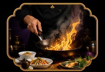 Chef cooking with a flaming wok, surrounded by bowls of prepared ingredients.