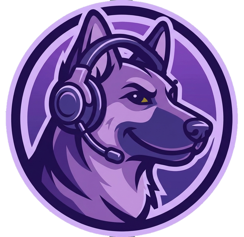 Illustration of a German Shepherd dog wearing a headset, with a confident expression, inside a circular purple background.