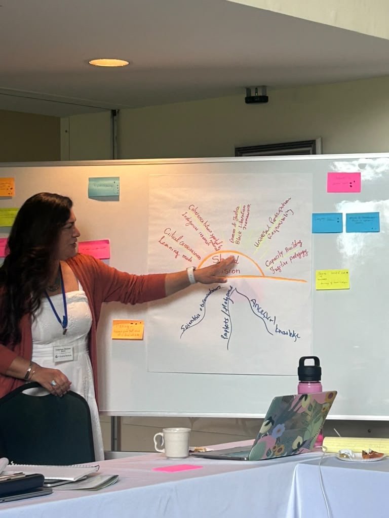 Woman presenting a diagram on a whiteboard, with notes and sticky notes around the diagram, in a conference room.