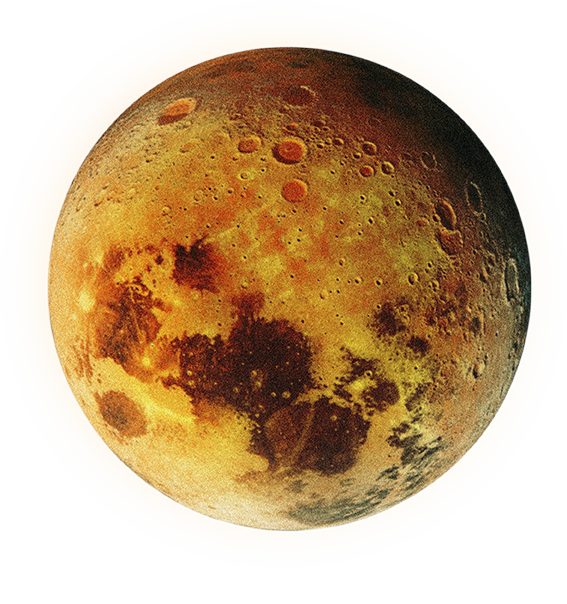 A detailed photograph of the Moon's surface showing craters and dark lunar maria with an orange outline around the image.