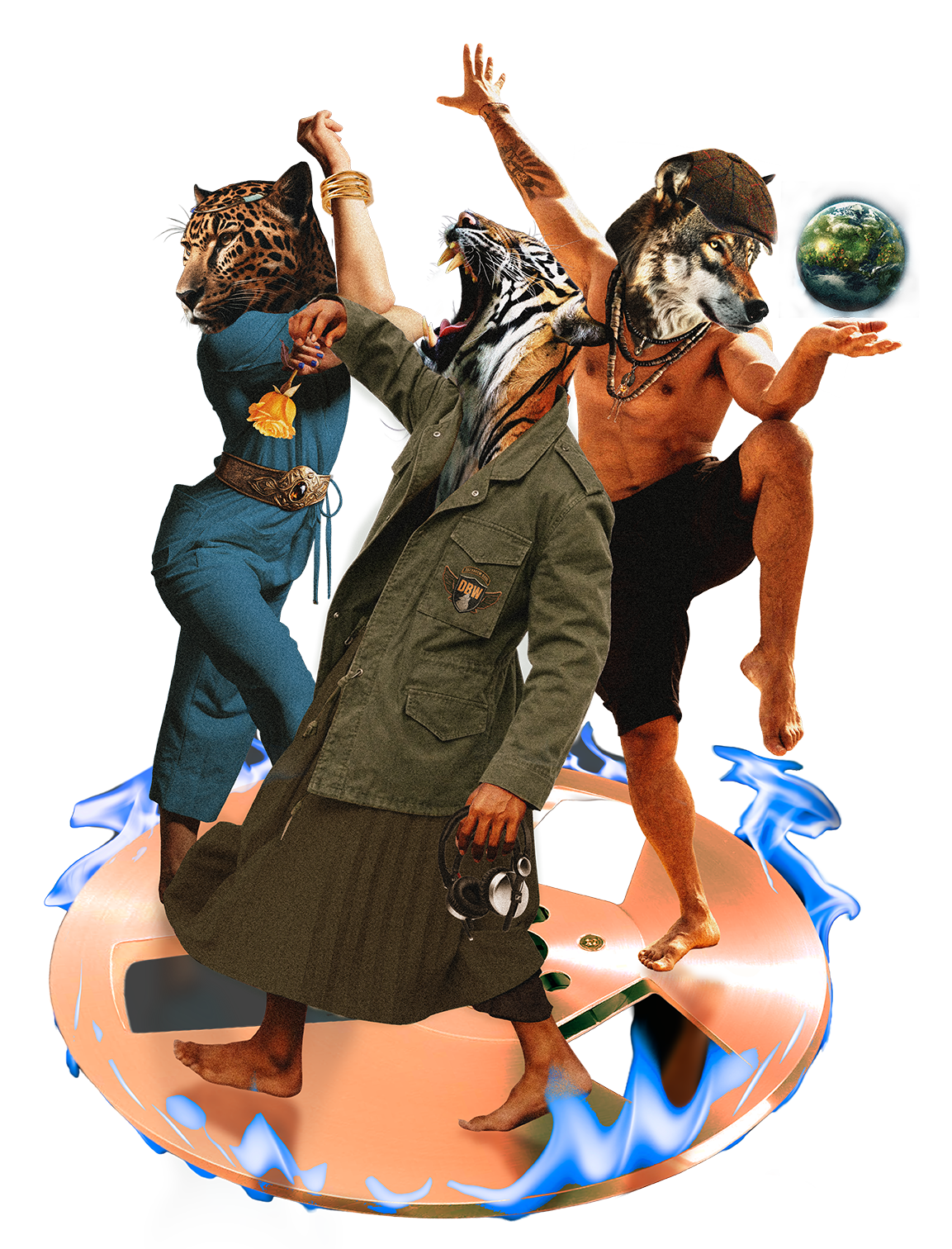 A digitally manipulated image of four people with animal heads and human bodies, positioned on a large, stylized vinyl record with flames and a globe in the background.