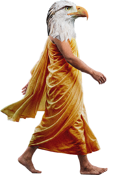 A person with an eagle head and human arms, wearing a golden dress, walking.