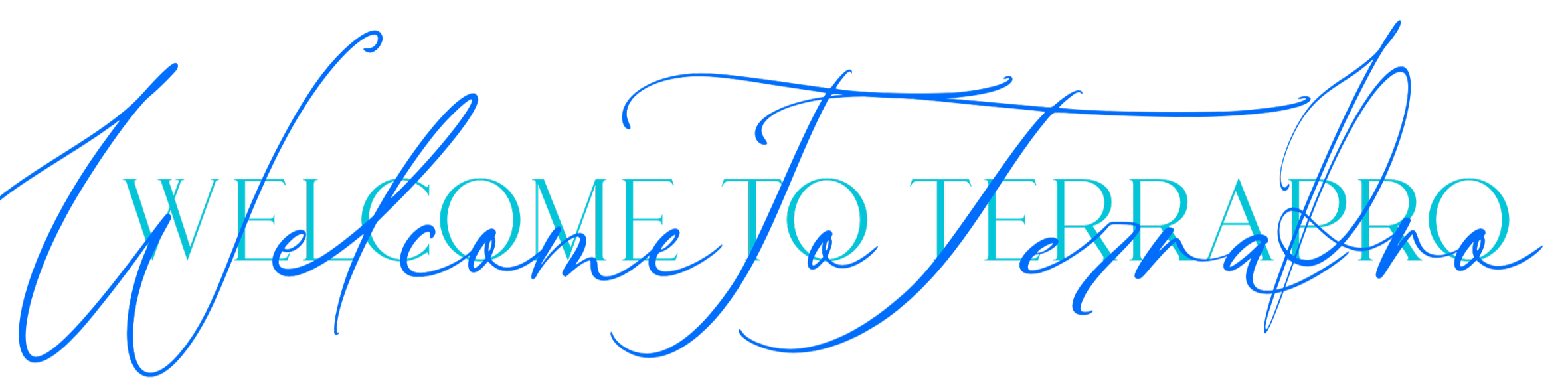Decorative sign that says "Welcome to Terrarro" with stylized cursive and block lettering in blue and cyan on a black background.