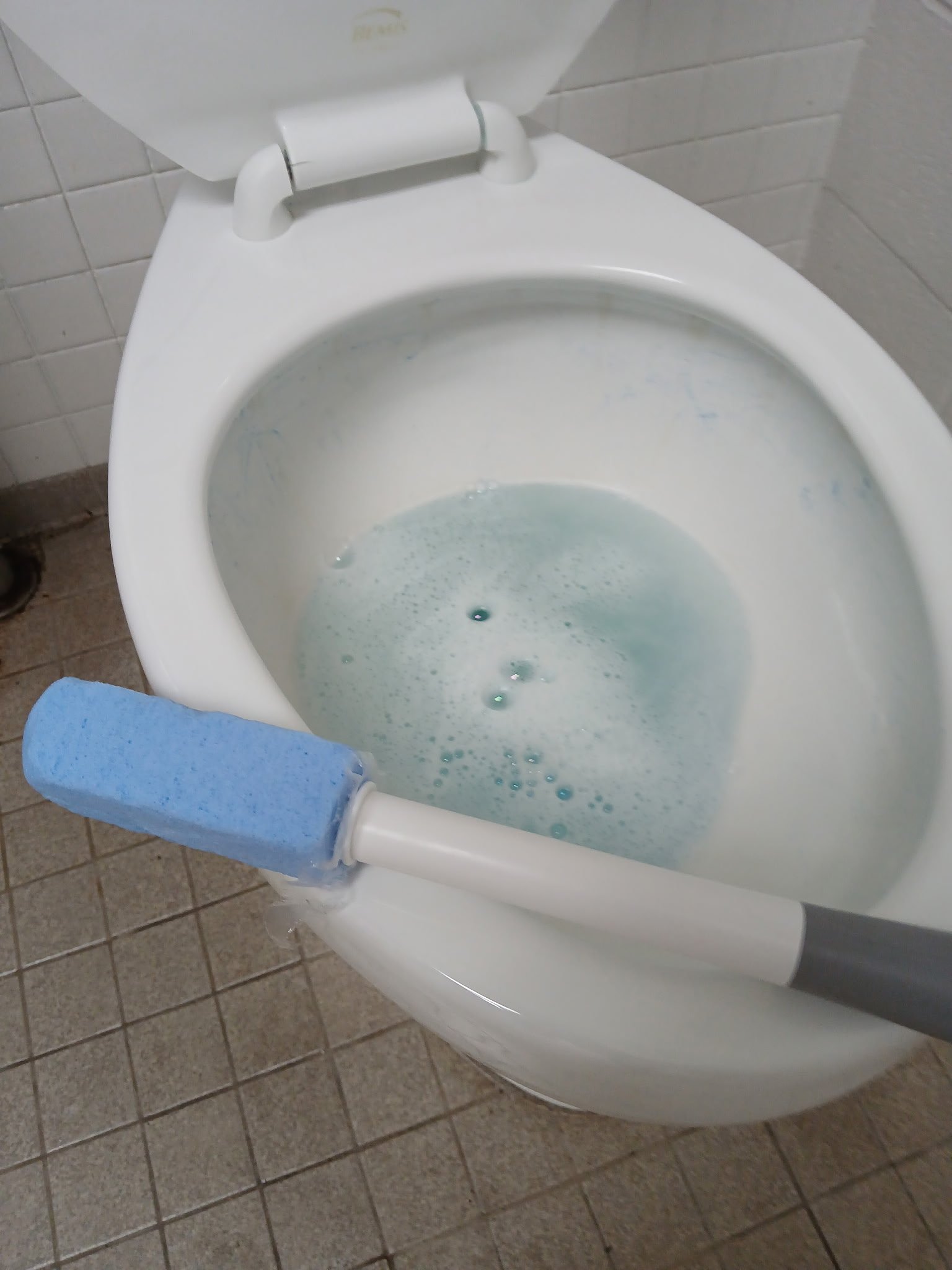 Deep scale removal and restroom sanitation using a specialized porcelain pumice stone wand to eliminate hard water rings at the Carolina Power Burlington facility.⁠