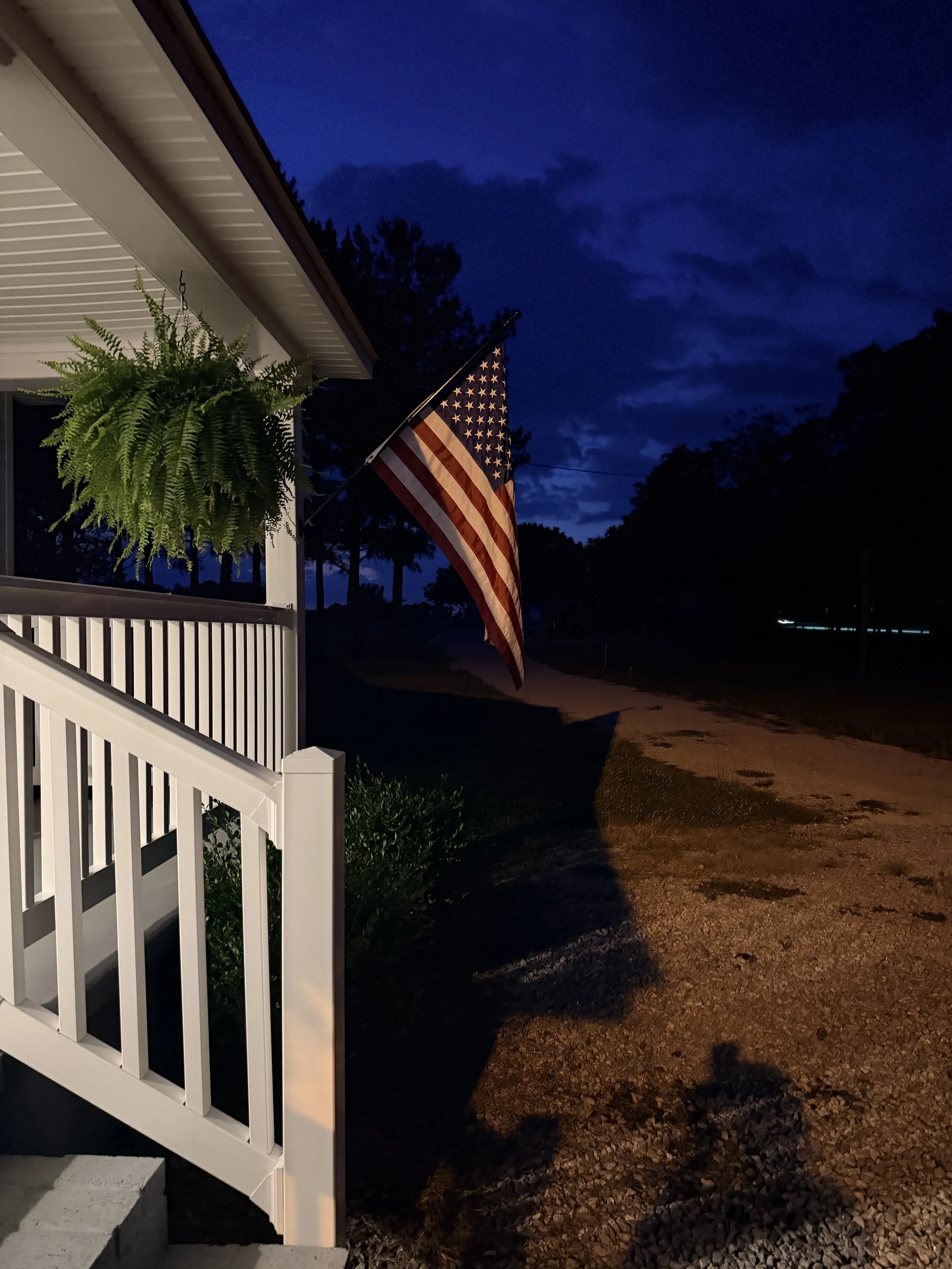 A beautiful twilight view of a pristine, freshly cleaned front porch with a white railing, lush hanging fern, and an illuminated American flag, captured after a successful property turnover.⁠