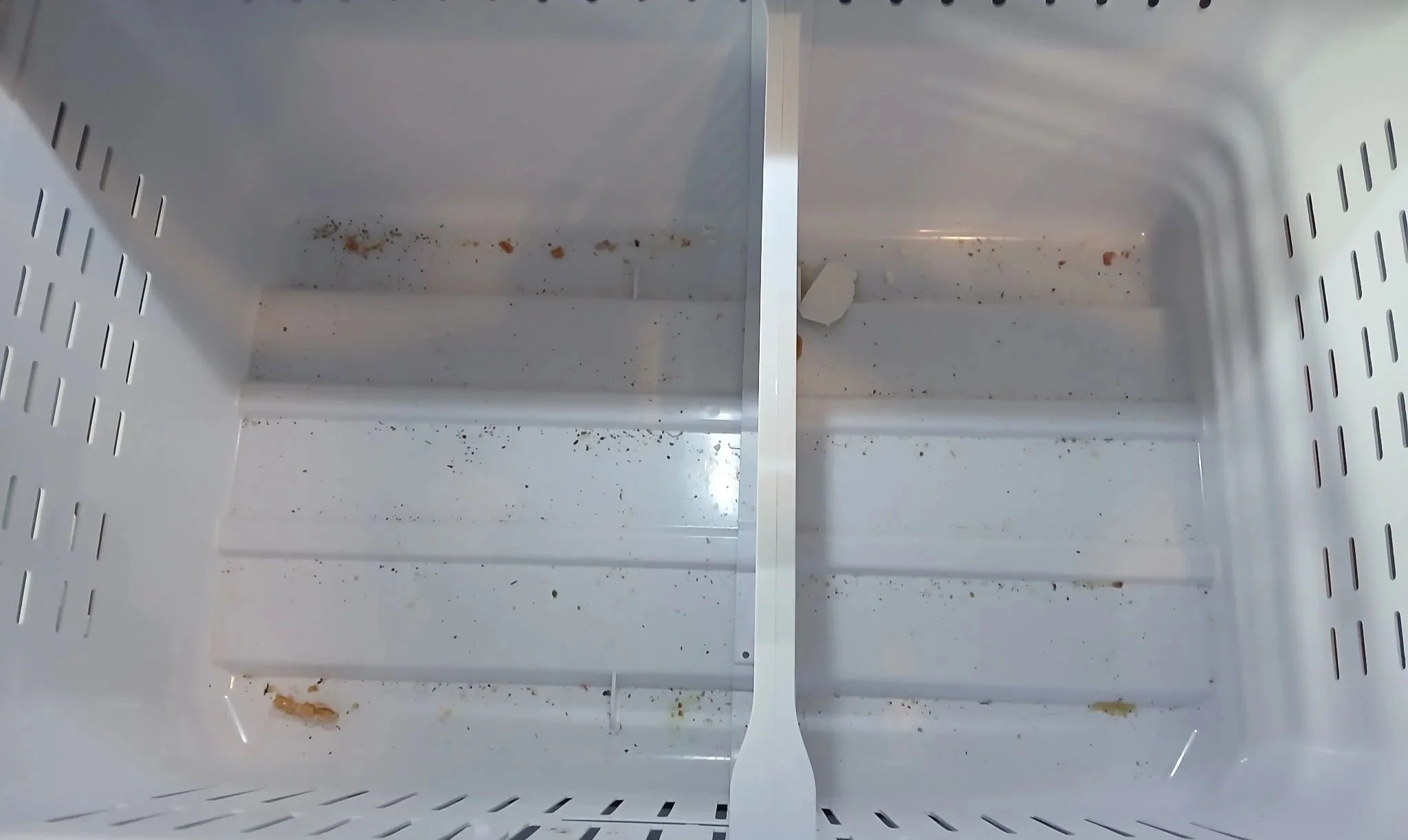 Before view of deep-set food crumbs, debris, and sticky stains lining the bottom of a residential freezer basket compartment prior to appliance cleaning.⁠