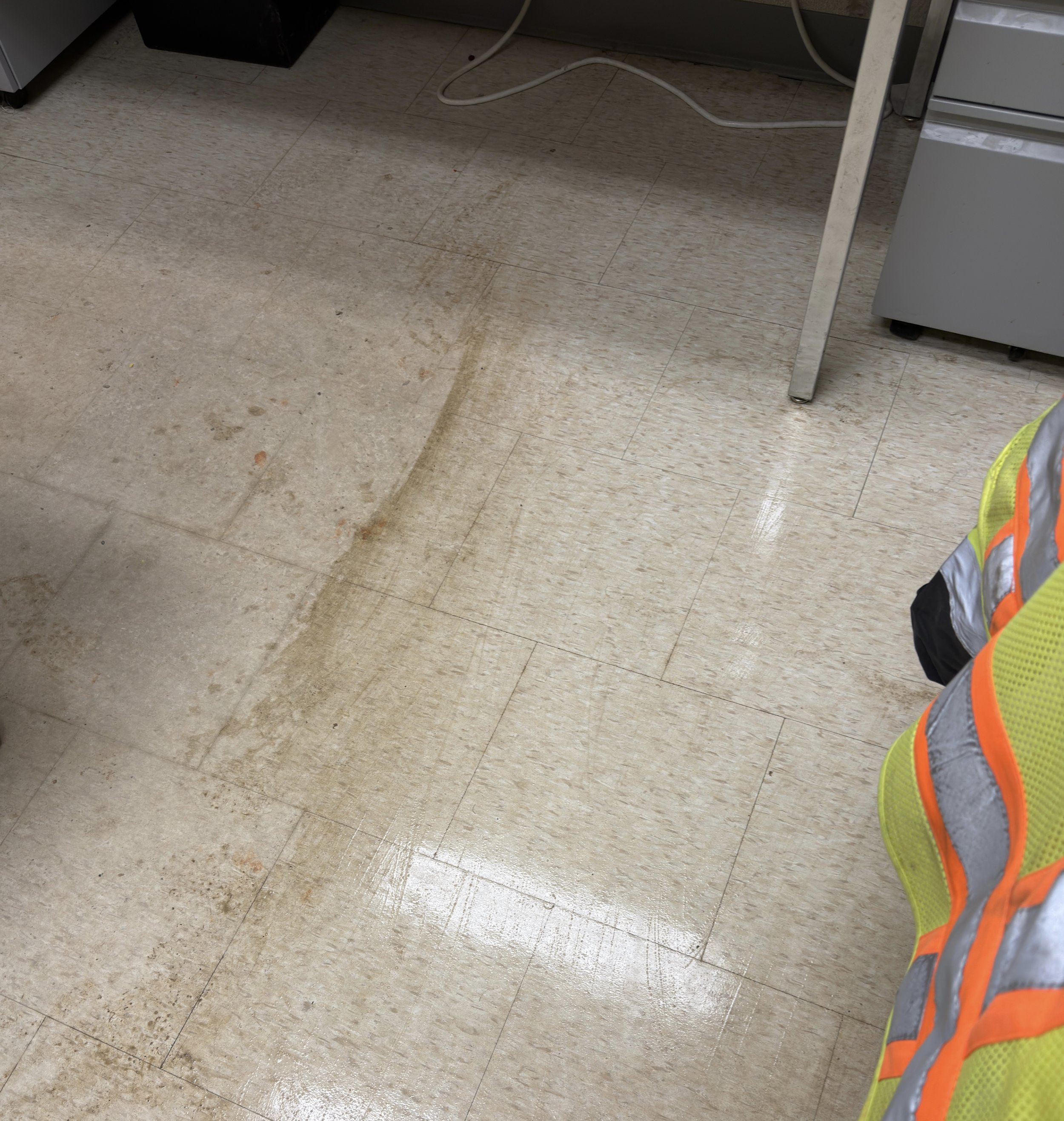 Before view of a heavily scuffed, discolored, and stained industrial VCT floor path inside an office space at the Duke Energy Colfax facility.⁠