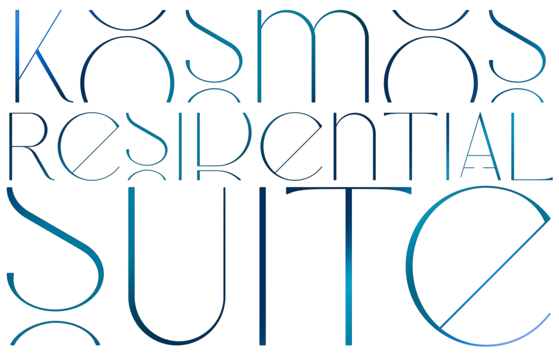 A digital graphic with a dark blue and black gradient style displaying the words "Kosmos Residential" in stylized, interconnected font.