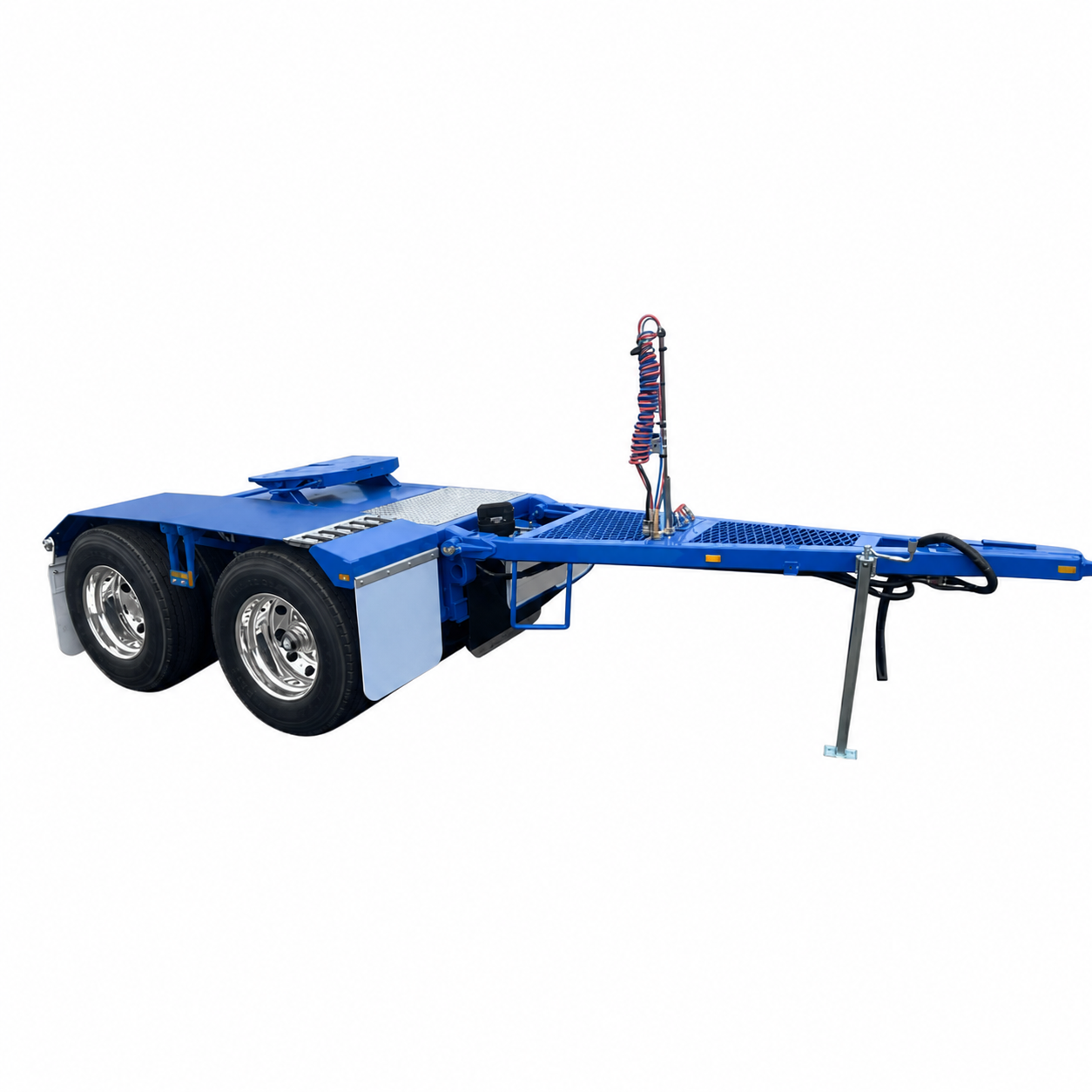 Blue flatbed trailer with dual wheels and a tow hitch, featuring a vertical cable loop and metal side panels, used for transporting vehicles or equipment.
