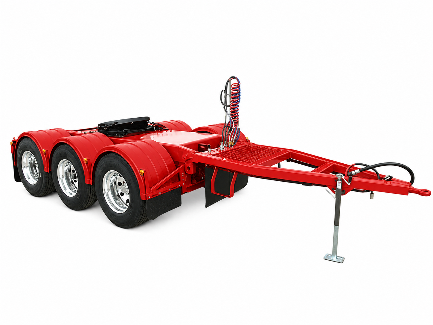 Red heavy-duty trailer chassis with triple axles, black tires, and hydraulic connections, used for transporting large vehicles or machinery.