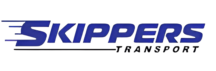 Skippers Transport logo with blue and white lettering and an abstract arrow design.