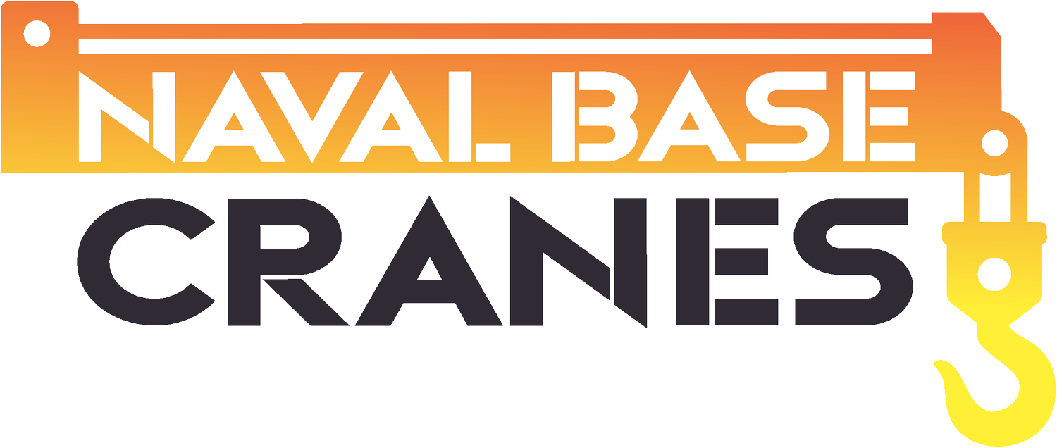 Illustration of a navy base crane hook in yellow and cyan colors with the text 'Naval Base Cranes' in bold black, orange, and yellow letters.