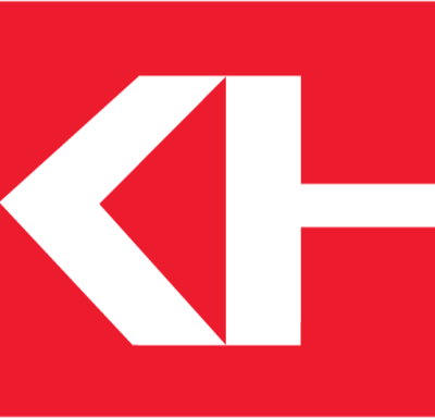 A red background with a white stylized arrow pointing left and a white letter H on the right side.