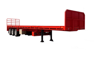 A red flatbed trailer with a tall, vertical back wall used for transporting goods.