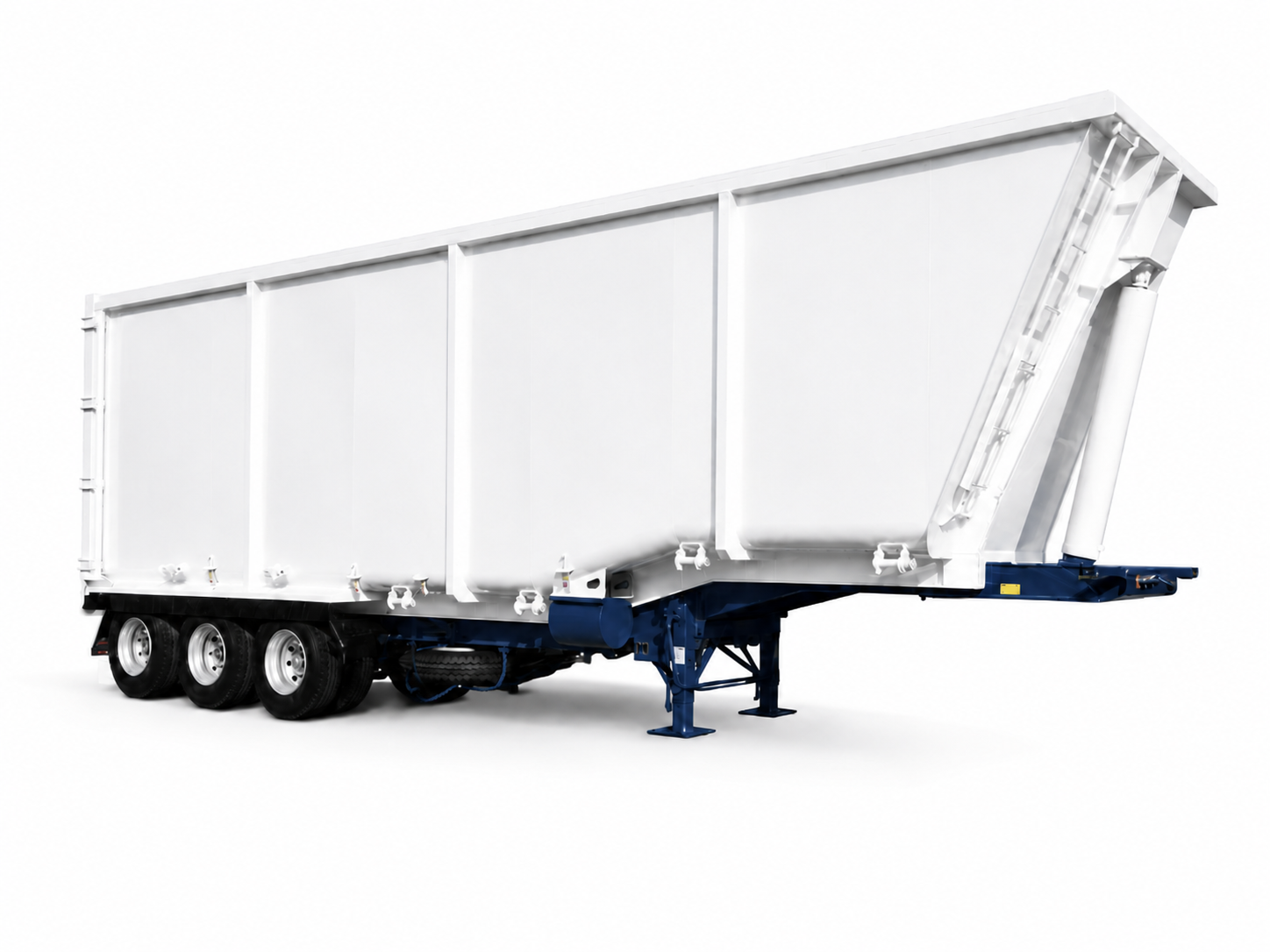 A white semi-trailer truck with a blue chassis and four wheels, viewed from a side angle, against a plain white background.