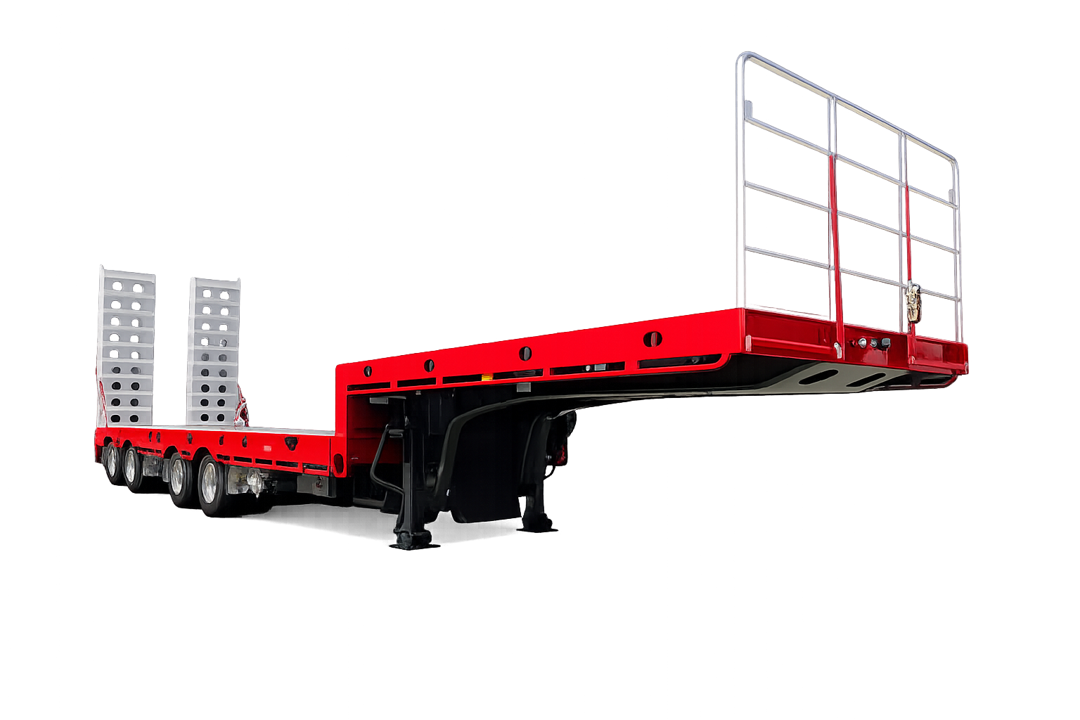 A flatbed truck with a red frame and black wheels, carrying large white panels with circular cutouts, set against a dark background with colorful light reflections.