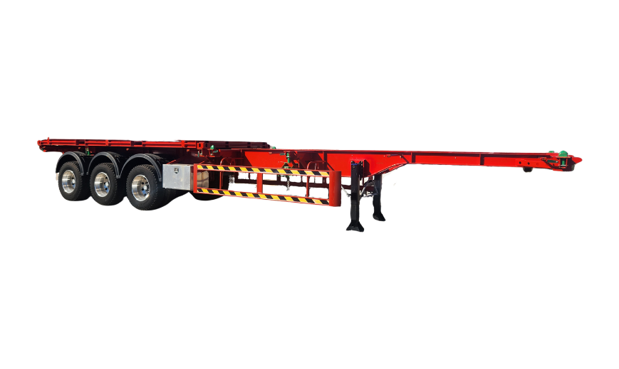 Red flatbed trailer with three axles and stabilizing legs