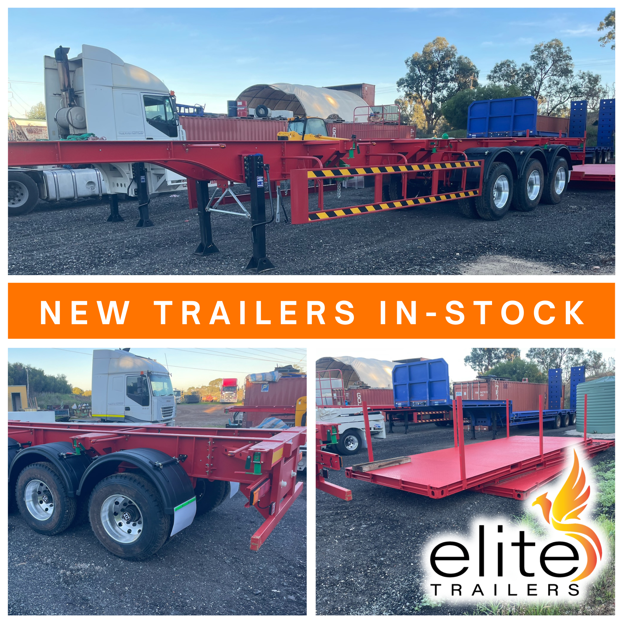 Various new trailers, including flatbed trailer, in an outdoor lot with trees in the background, part of a promotional banner for Elite Trailers.
