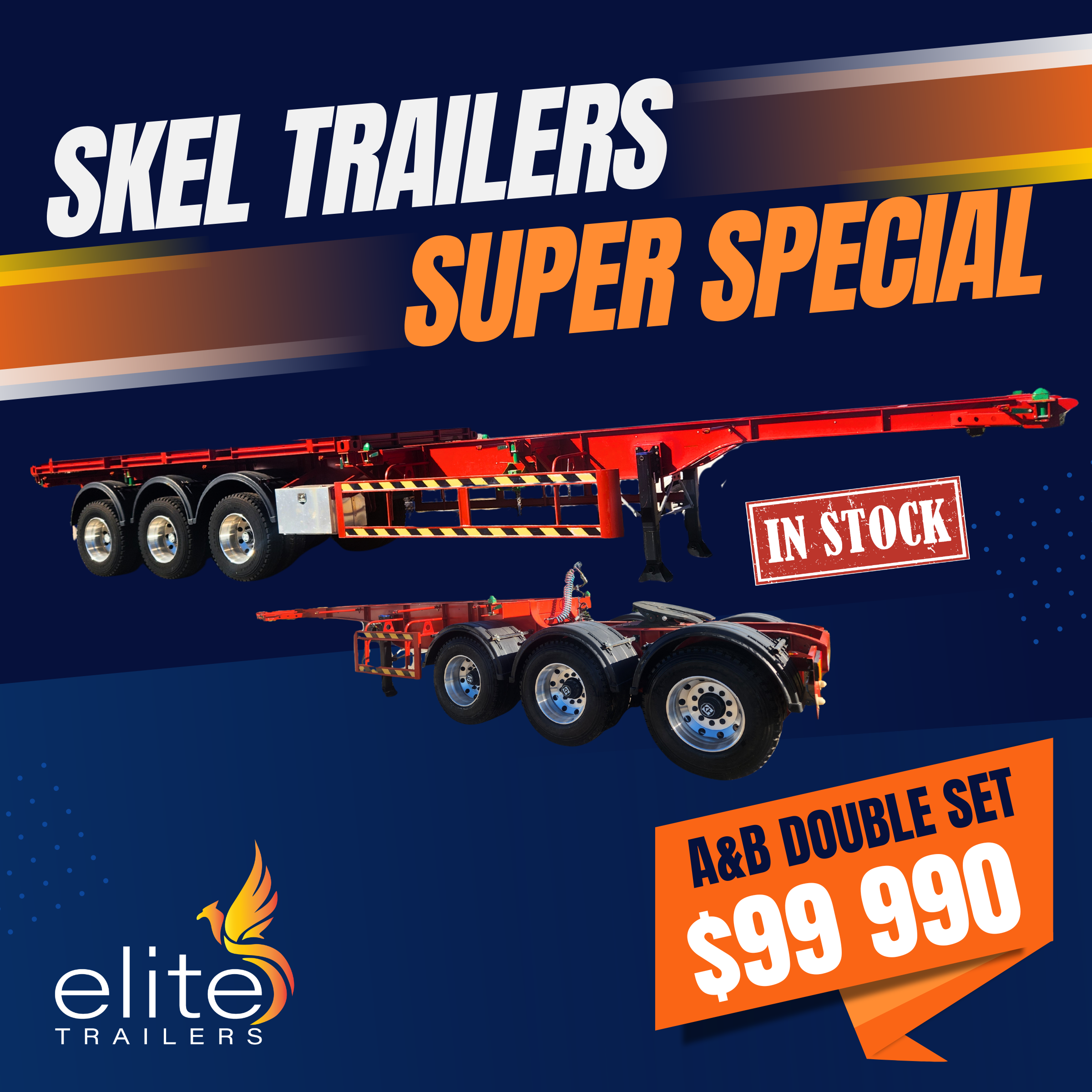 A bubble gum pink trailer with white and orange text advertising a special sale by Elite Trailers, featuring a red flatbed trailer and a sale price of $9,495.