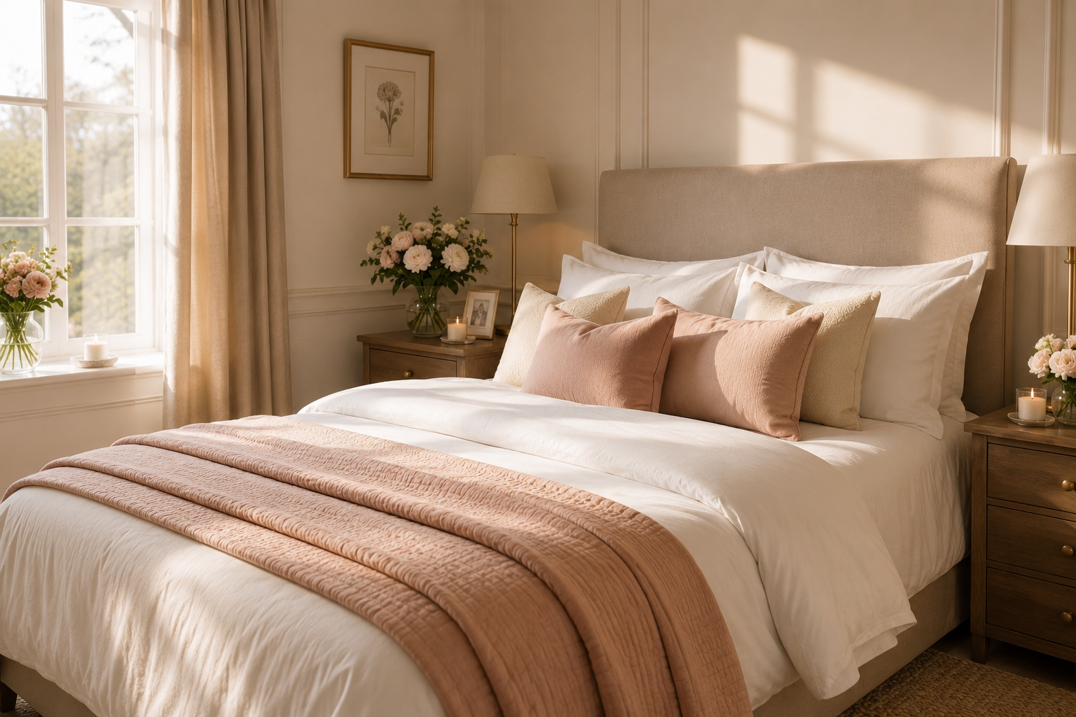 A well-made bed with white bedding, decorative pillows in beige and pink hues, located in a cozy bedroom with sunlight streaming through a window. There are two matching nightstands with lamps, flowers, candles, and framed photos.
