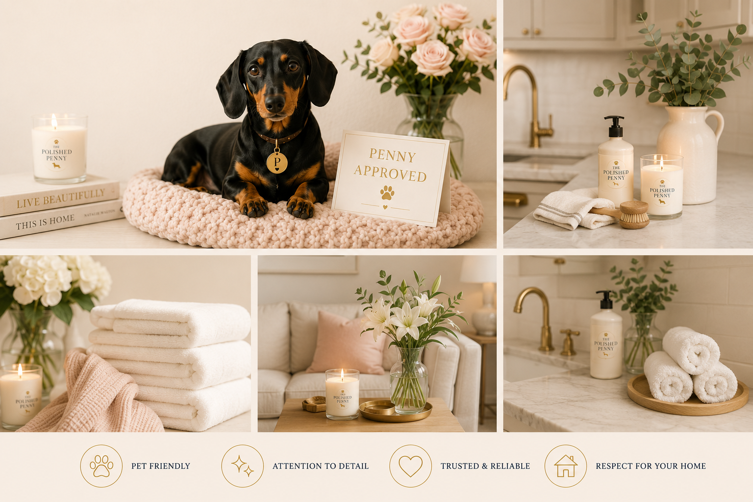 Photos of home decor and pet-friendly products, including towels, candles, flowers, and a dog on a plush bed with a sign that reads "Penny Approved."