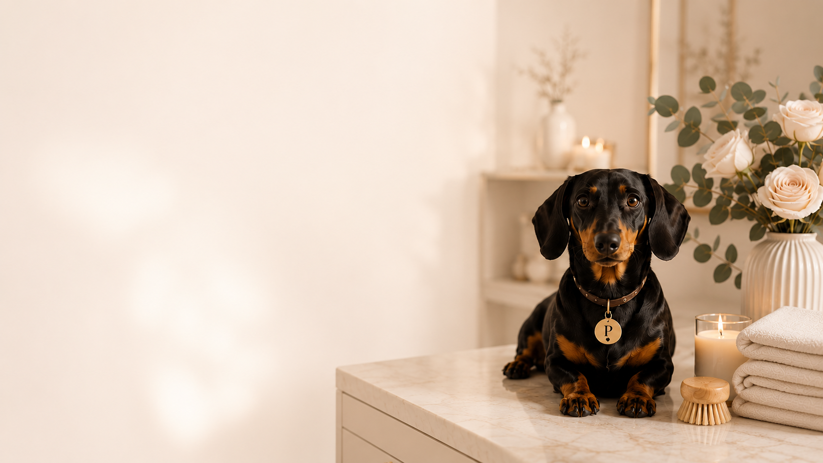 A black and tan dachshund dog sitting on a white marble countertop in a cozy, decorated room with flowers, candles, and folded towels.