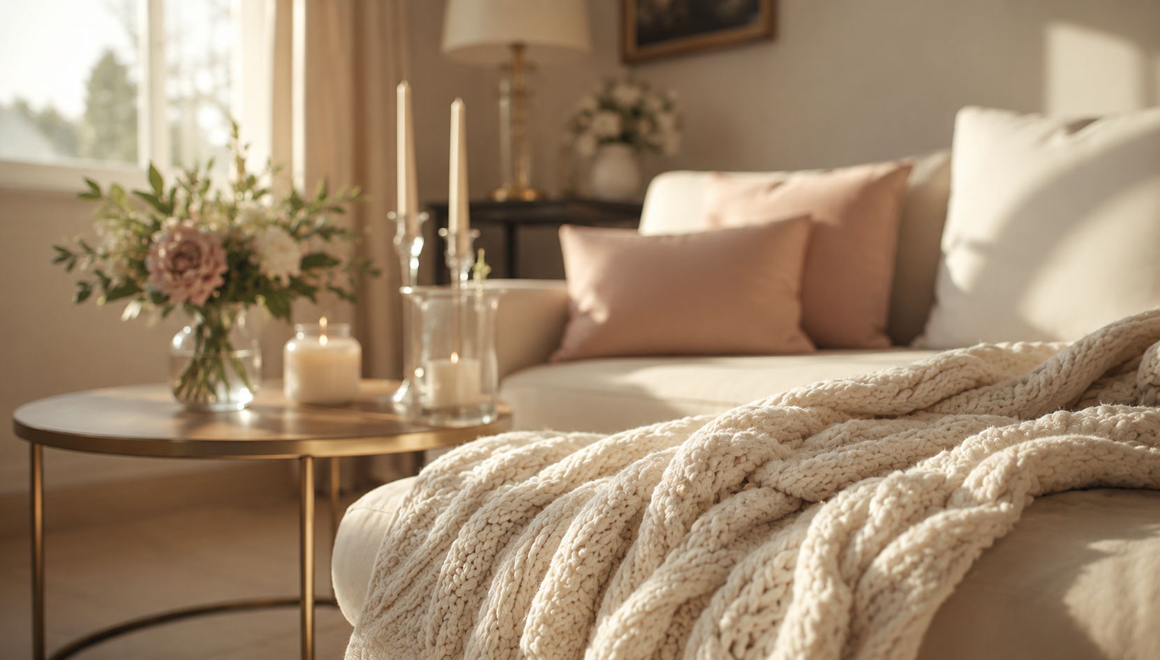 Living room with a cream couch, pink and white pillows, a cozy chunky knit blanket, a side table with candles and a flower arrangement, and sunlight coming through the window.