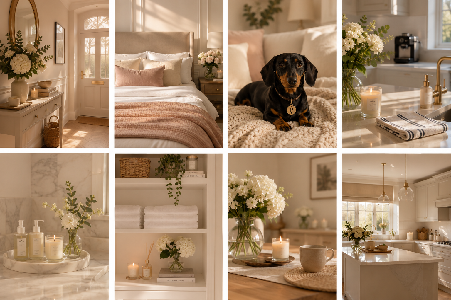 Collage of cozy home interior scenes featuring a bedroom with bed and pillows, a dachshund dog on a blanket, kitchen with flowers, candles, and soap, and decorative shelves with towels and plants, all in a neutral, warm-toned decor.