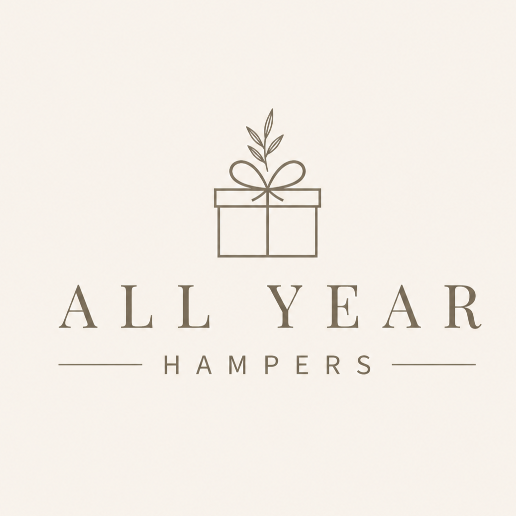 Logo for Allyear Hampers featuring a simple line drawing of a gift box with a bow and leaves, with the text "ALL YEAR HAMPERS" beneath it.