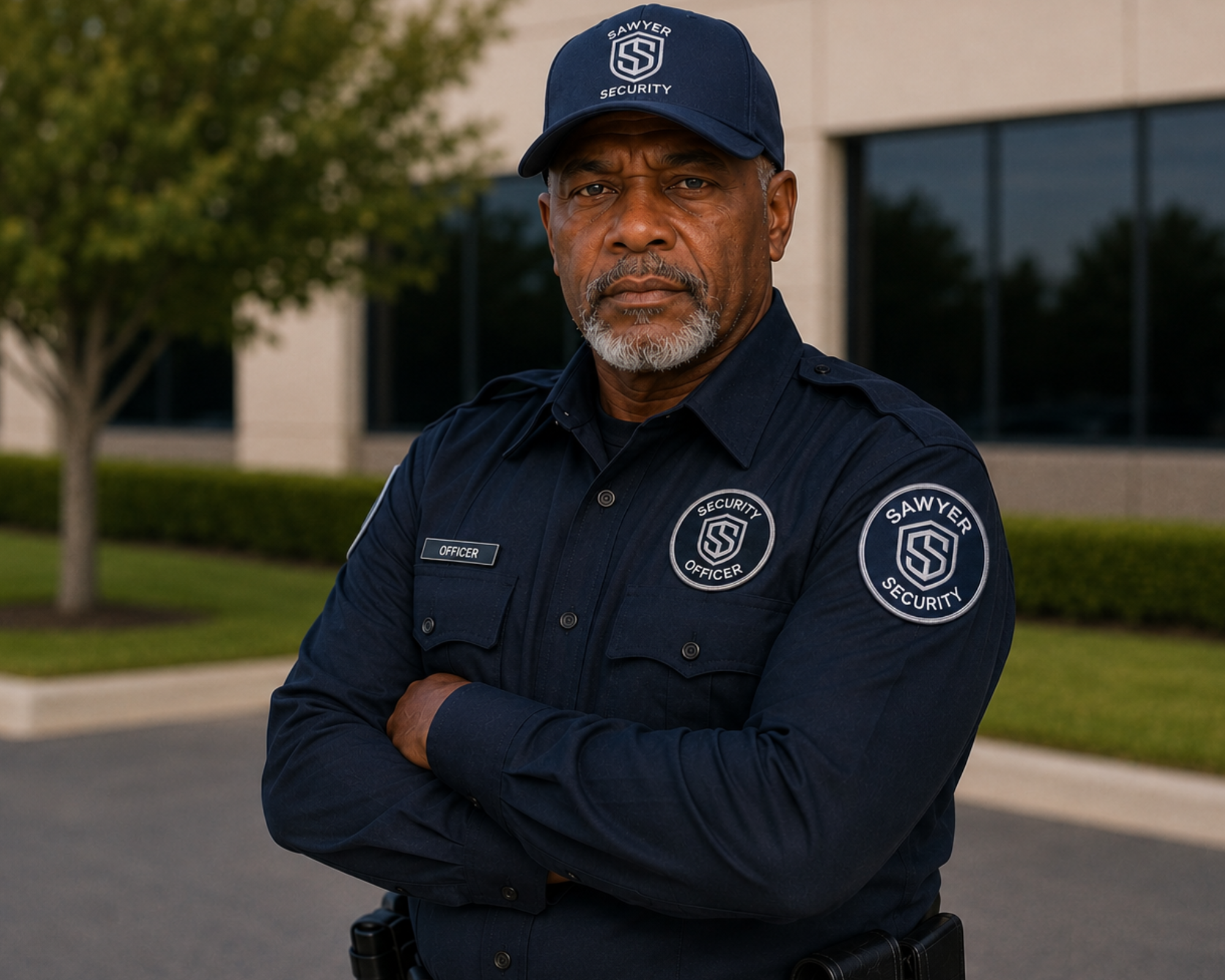 Professional Sawyer Security officer standing outside a commercial property in Michigan wearing a company uniform.