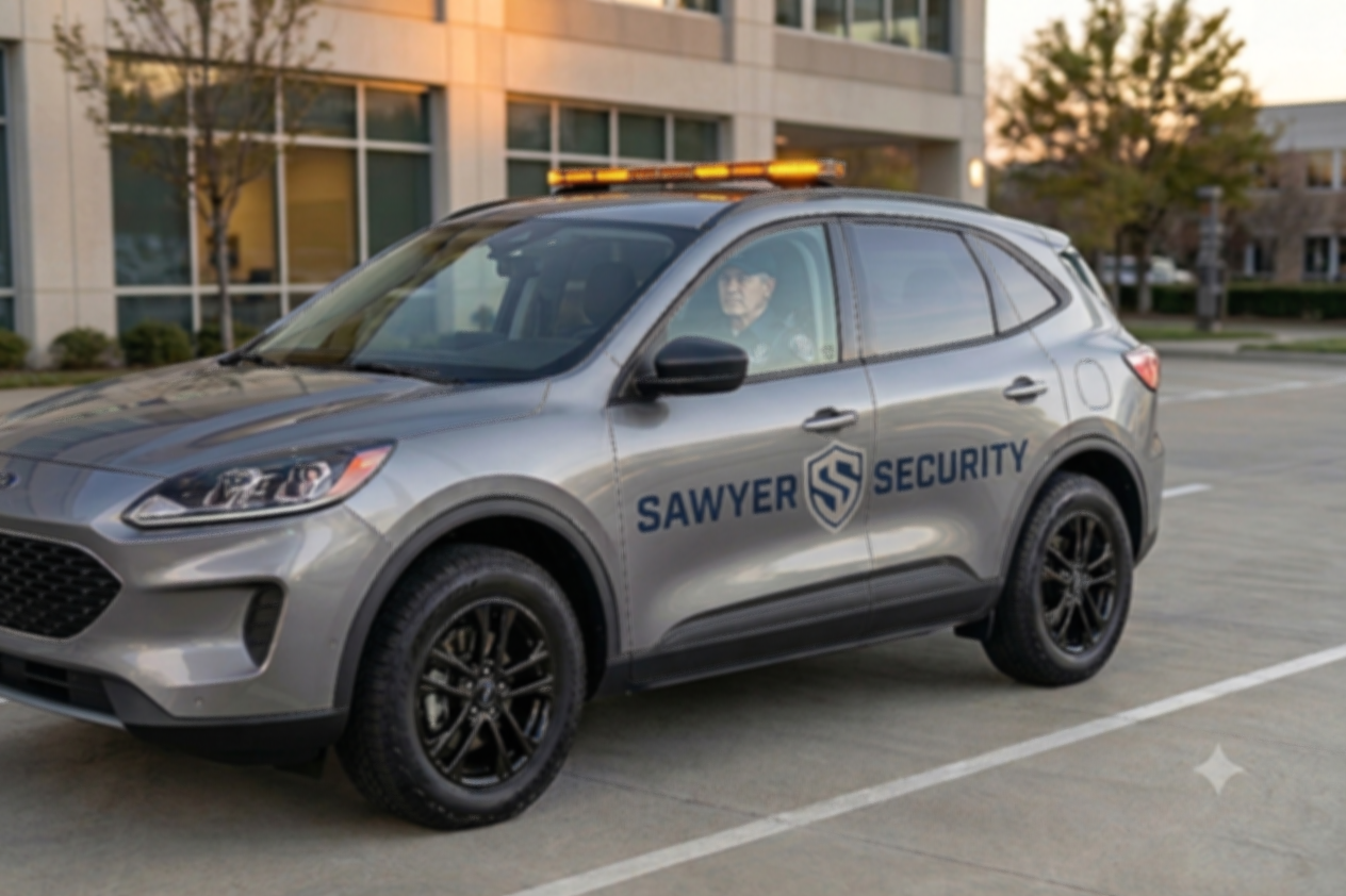 Security vehicle with Sawer Security logo and a flashing light bar on top, parked in an outdoor lot near modern buildings.