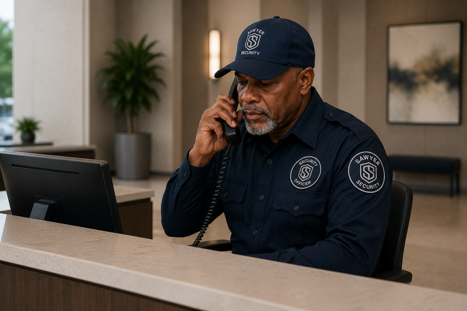 Sawyer Security officer providing front desk security and access control services at a commericial facility.