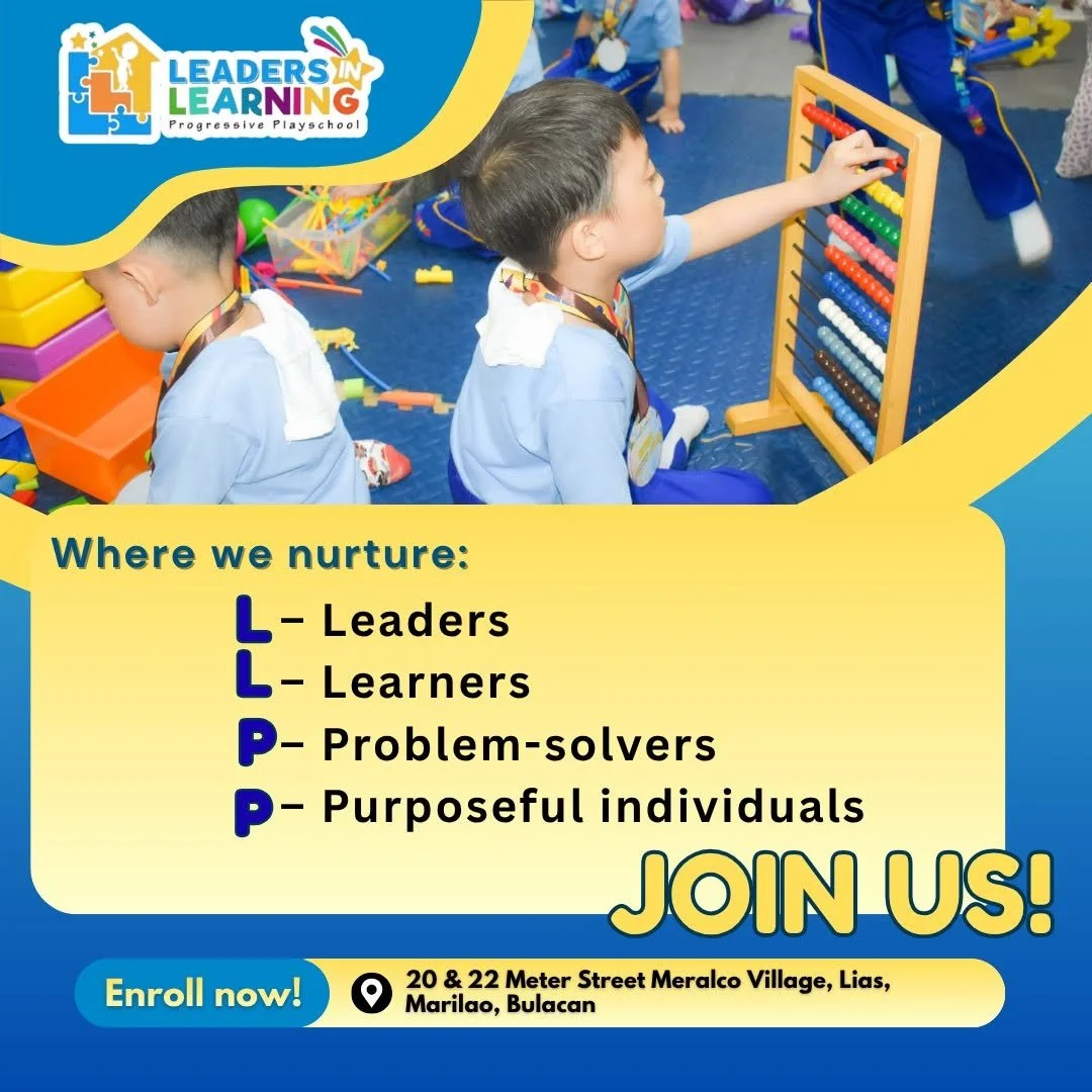 Children playing with educational toys in a classroom with a banner promoting leadership, learning, problem-solving, and purposeful individuals as part of a preschool's nurturing environment.