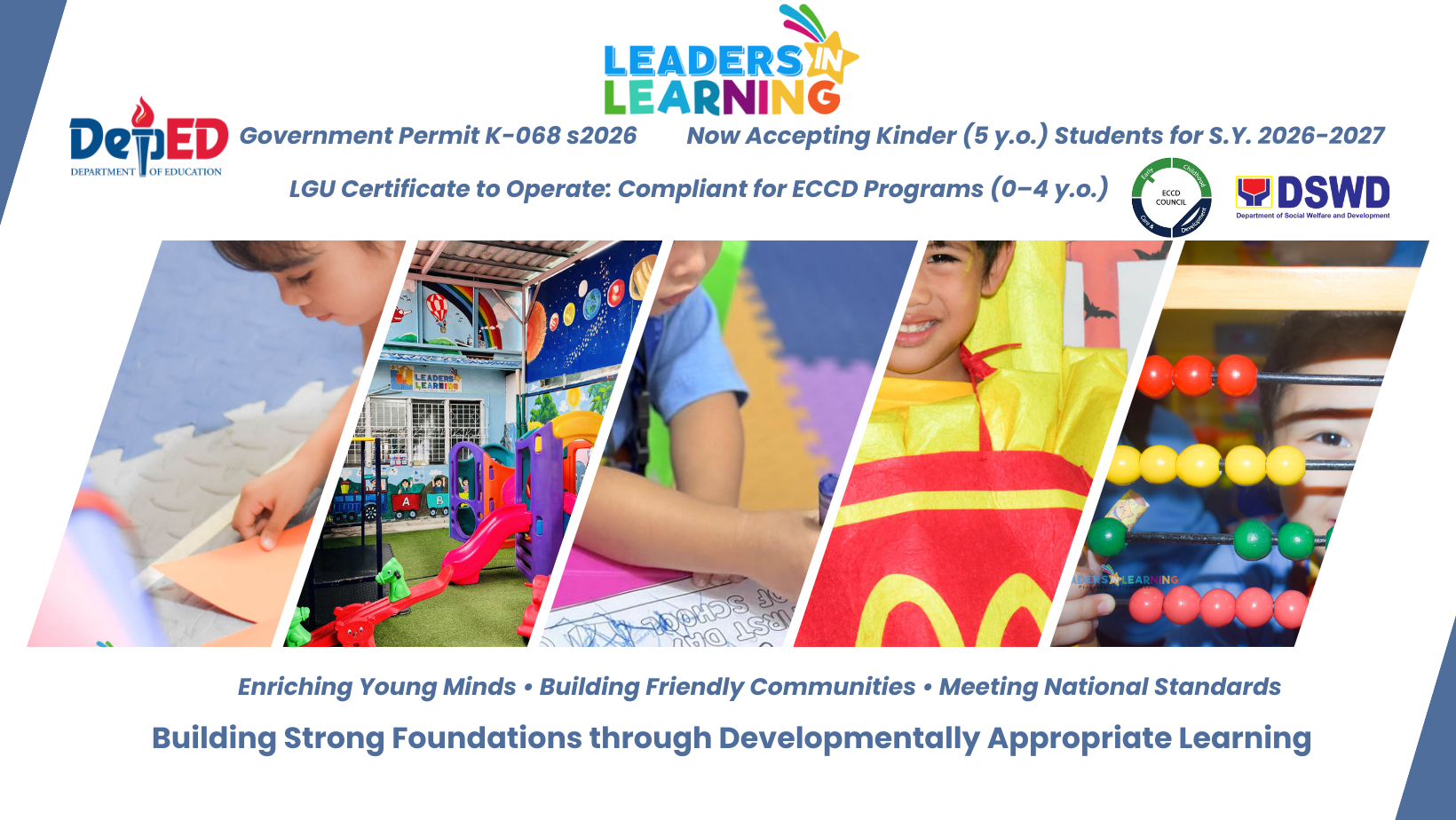 Brochure for a learning program for preschool children, featuring images of kids engaged in activities like drawing, playing on a playground, and using educational toys, with logos of the Department of Education and Department of Social Welfare and Development.